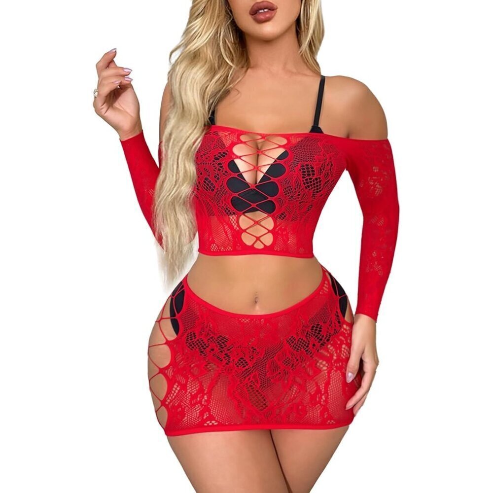 Red  Women’s Fishnet Lingerie Set Sexy Babydoll Bodysuit Nightwear Outfit